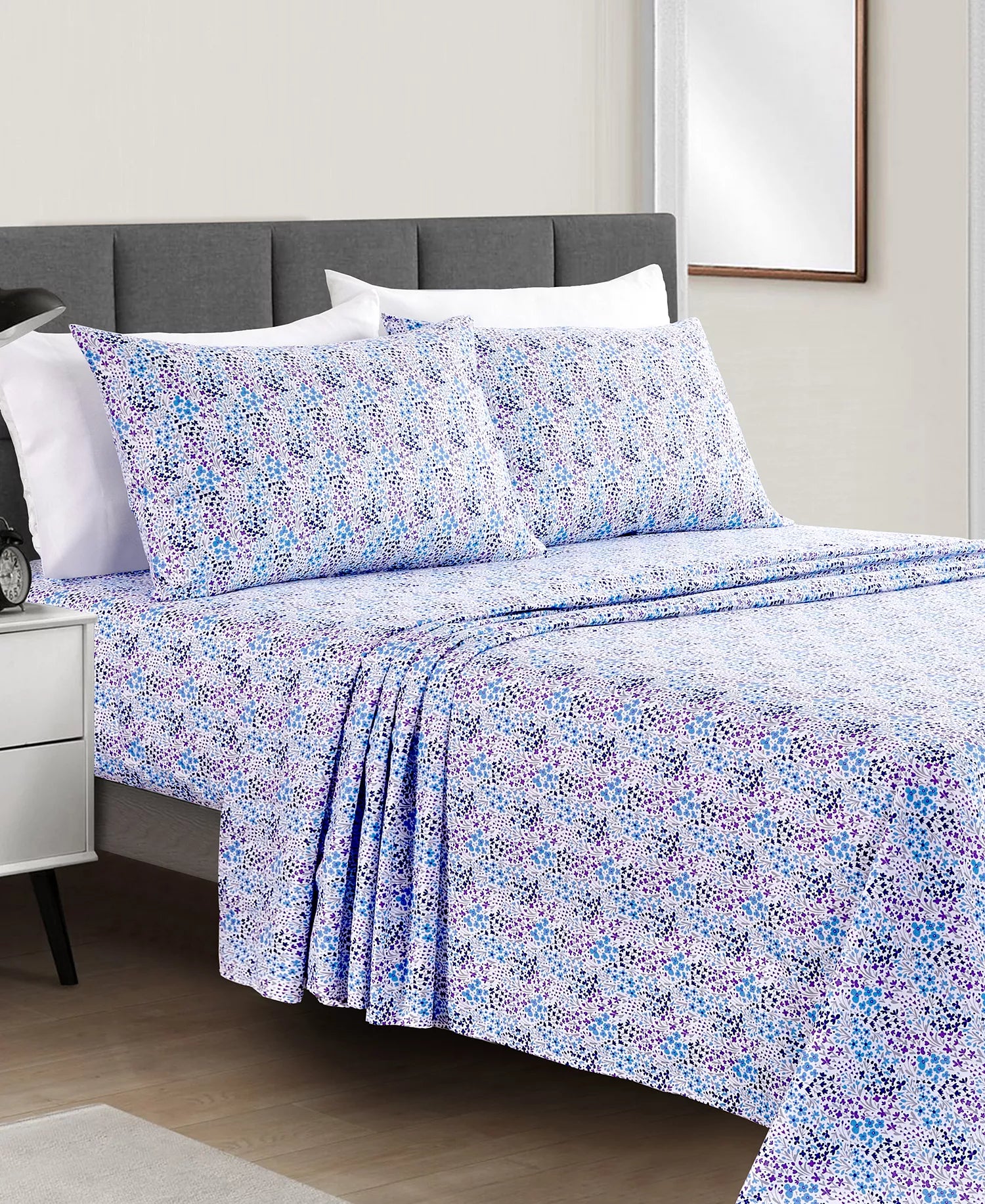 Microfiber Easy Care Printed 4-Piece Sheet Set –Blue Floral- Queen