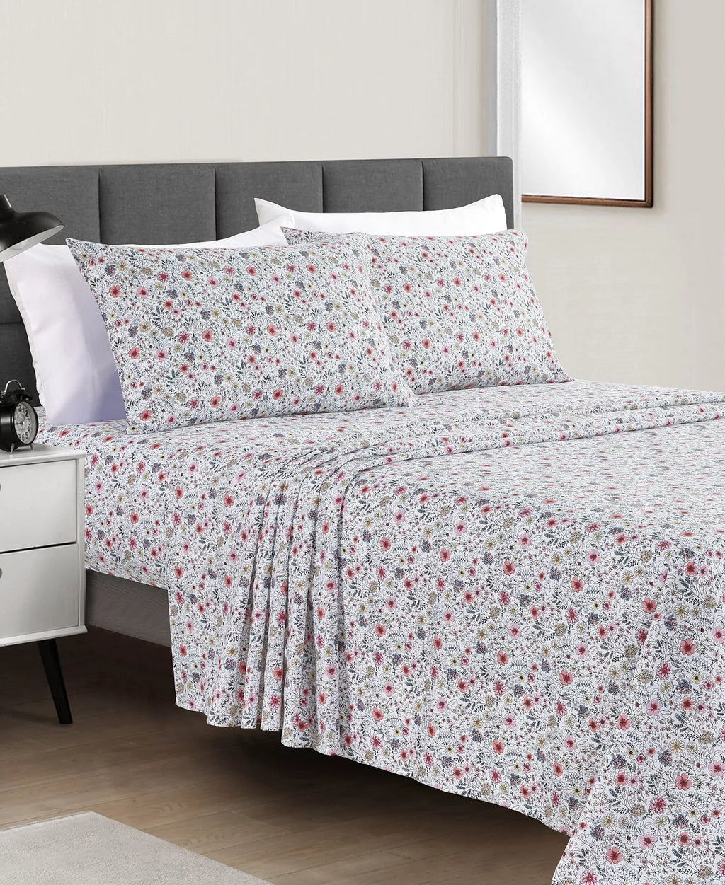 Microfiber Easy Care Printed 4-Piece Sheet Set – Sketch Floral -Queen